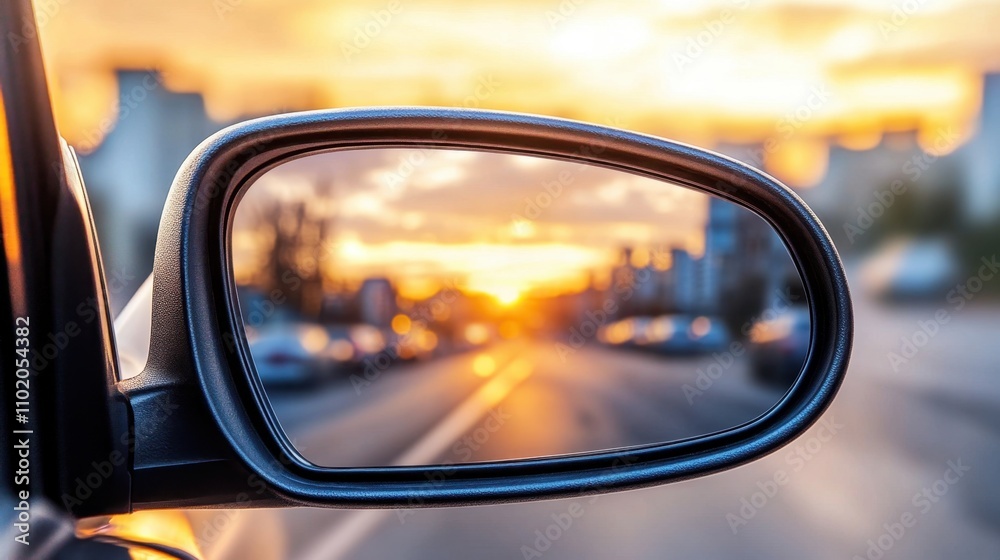Sunset Reflection in Car Side Mirror with Urban Background Sunset Reflection in Car Side Mirror with Urban Background