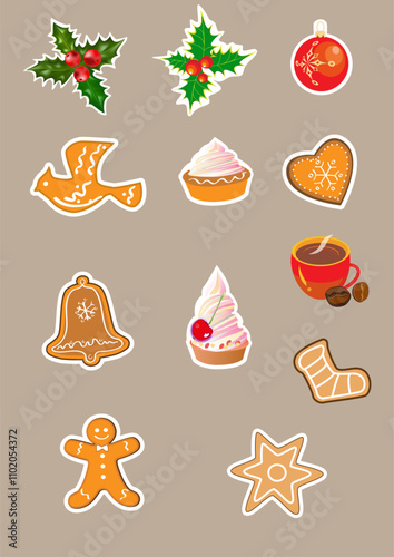 Christmas and New Year stickers in flat design. Festive decor with Christmas and New Year symbols.