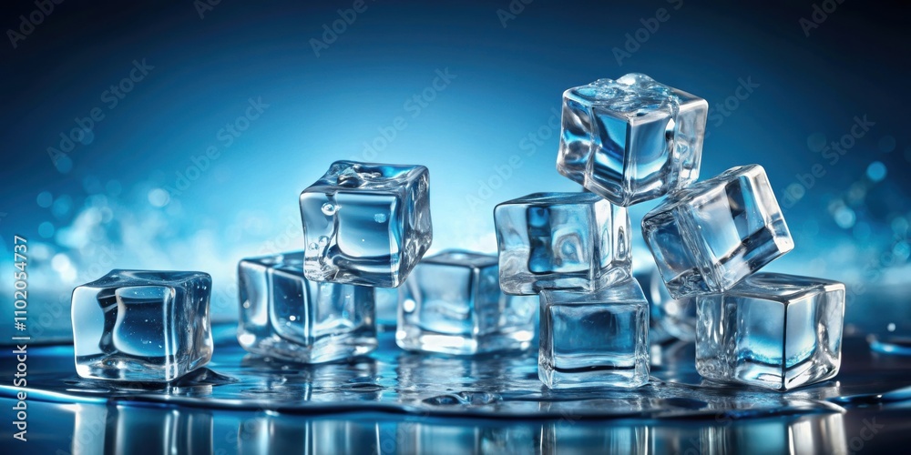 Clear ice cubes floating on a blue background, reflecting light and emanating a sense of coldness, ice cubes Clear ice cubes floating on a blue background, reflecting light and emanating a sense of coldness, ice cubes