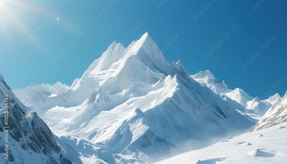 Majestic snow-covered mountain peaks with clear blue sky and shining sun Majestic snow-covered mountain peaks with clear blue sky and shining sun