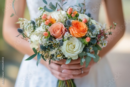 A close-up view of a bridal bouquet featuring peach and white roses, complemented by greenery and small berries, This image is ideal for wedding invitations, floral arrangements