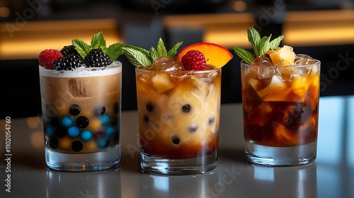 Three Exquisite Coffee Cocktails Garnished with Berries and Mint photo