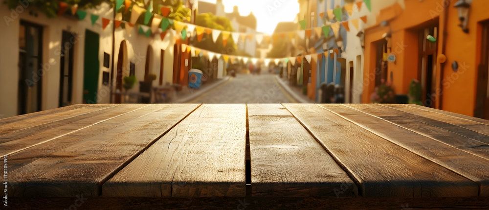 Rustic table with blurred festive street scene and Irish flags