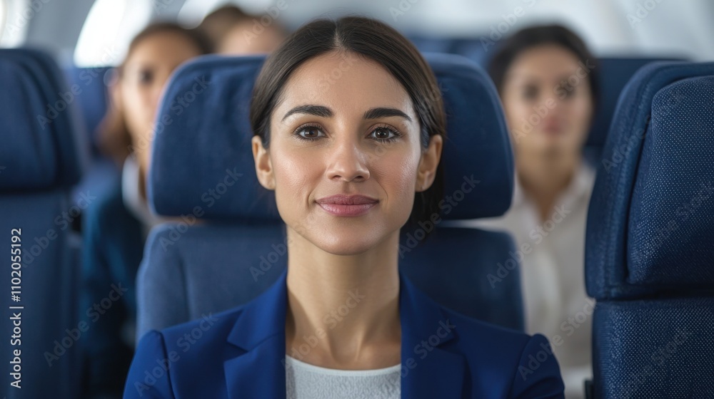 Cabin crew demonstrates emergency exit procedures on airplane interior view Cabin crew demonstrates emergency exit procedures on airplane interior view