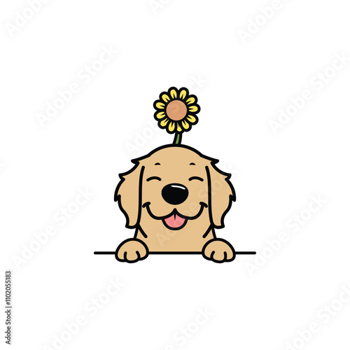 Cute golden retriever with sunflower on head cartoon, vector illustration
