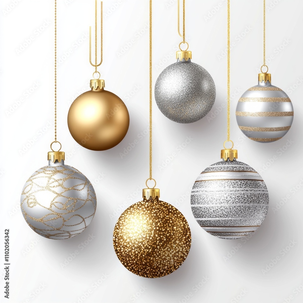 holiday golden ornaments. Gold and silver glitter Christmas bauble metal balls hang holiday golden ornaments. Gold and silver glitter Christmas bauble metal balls hang