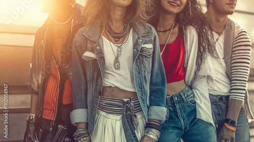 Fototapeta Naklejka Na Ścianę i Meble -  A group of fashionable people from the 80's dressed in casual boho style outfits.Retro vibe and free style.The image has a warm, sunlit atmosphere that gives it a nostalgic and energetic mood