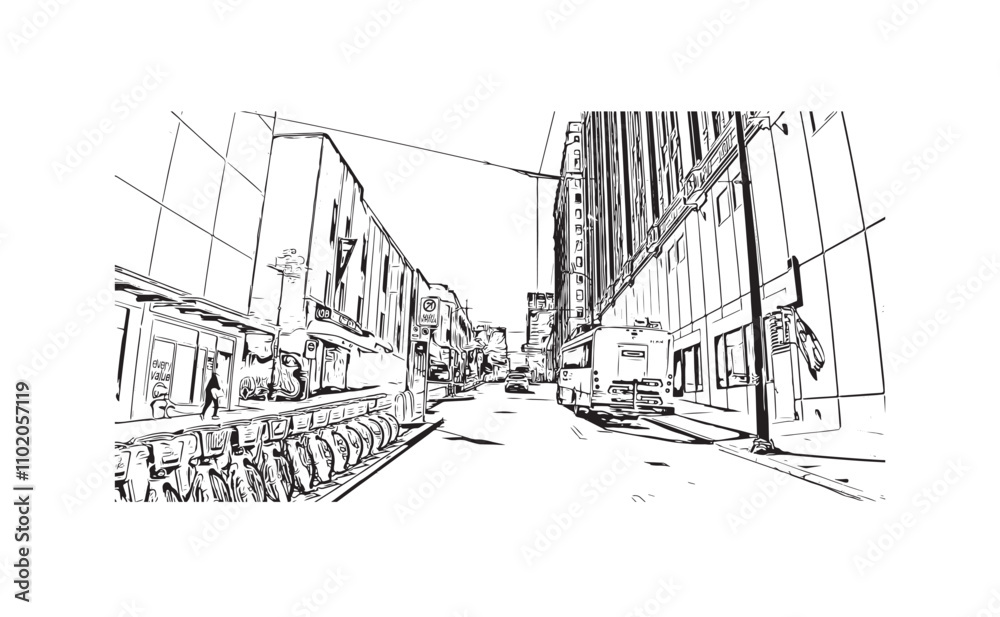 Print Building view with landmark of Vancouver is the city in Western Canada. Hand drawn sketch illustration in vector.