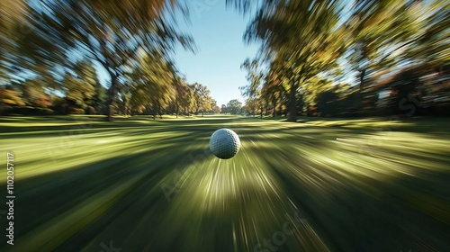 Golf Ball in Motion on Sunny Golf Course with Blurry Effect