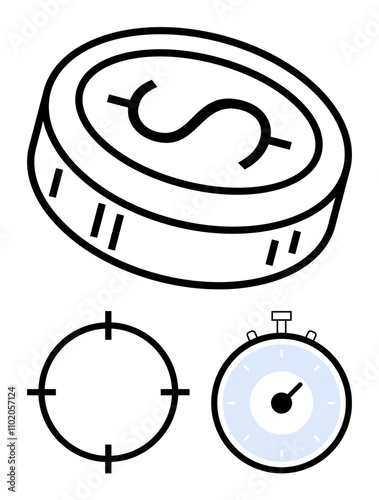 Coin with dollar sign round stopwatch and circular target outline. Ideal for finance, time management, goal setting, investment, strategy, precision, productivity. Line metaphor