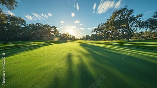 Vibrant Golf Ball in Motion on Sunny Golf Course Landscape