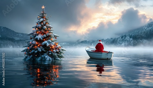 Beautiful christmas tree lit up with warm yellow lights and a star on the tip floating in the waters of the city lake at dusk. Space for text. Video of Igapo lake, Londrina PR Brazil. photo