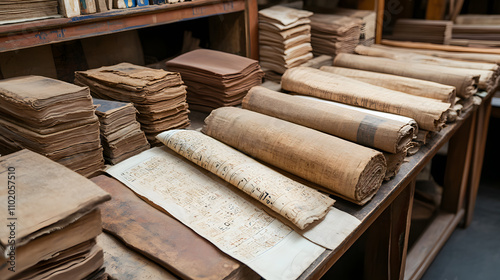 Papyrus Scrolls – A Large Collection Made by Egyptians, Featuring Ancient Writing and Artwork on Traditional Egyptian Paper photo