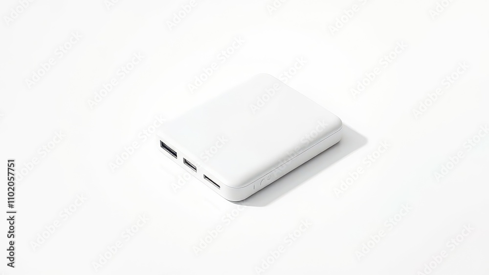 Fototapeta premium White portable power bank on white background, power, gadget