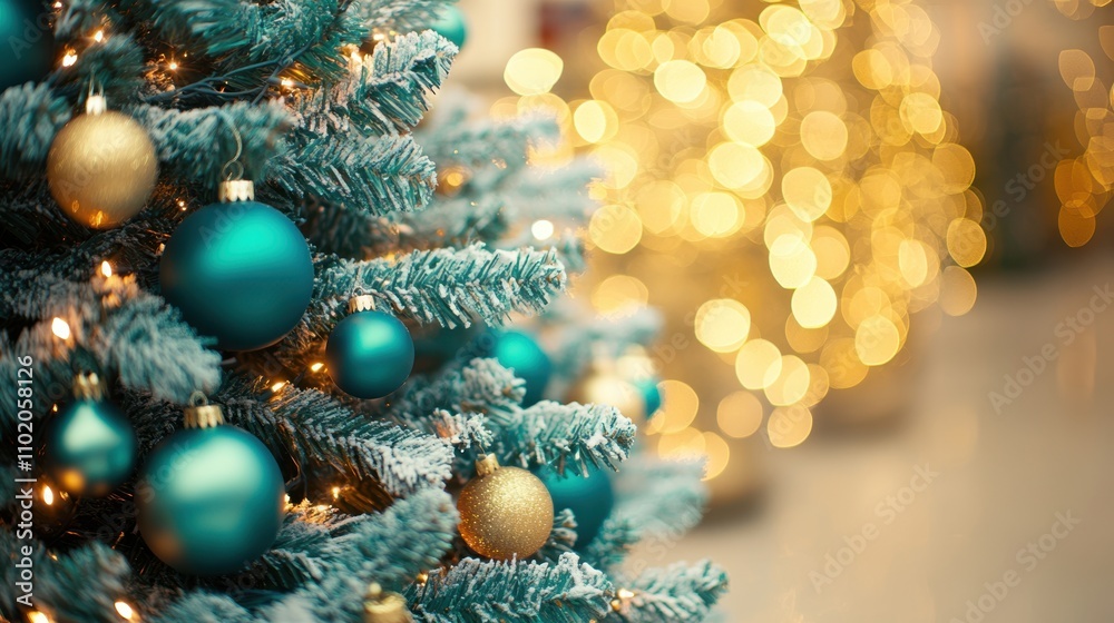 Festive Christmas Tree Decorated with Glittering Blue and Gold Ornaments Festive Christmas Tree Decorated with Glittering Blue and Gold Ornaments