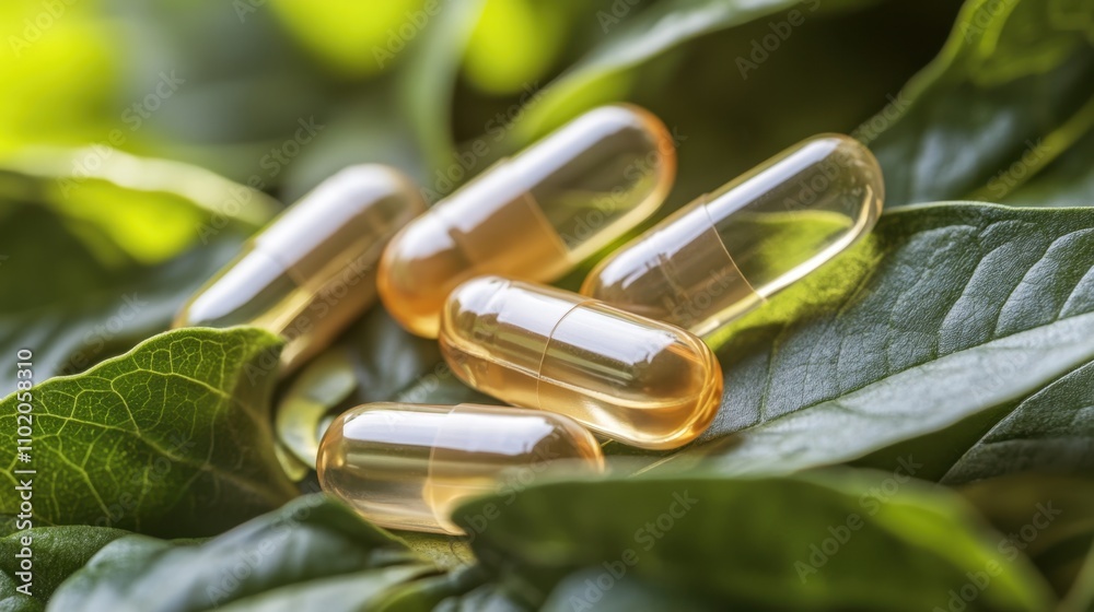 Herbal Supplement Capsules on Lush Green Leaves for Natural Health and Wellness Herbal Supplement Capsules on Lush Green Leaves for Natural Health and Wellness