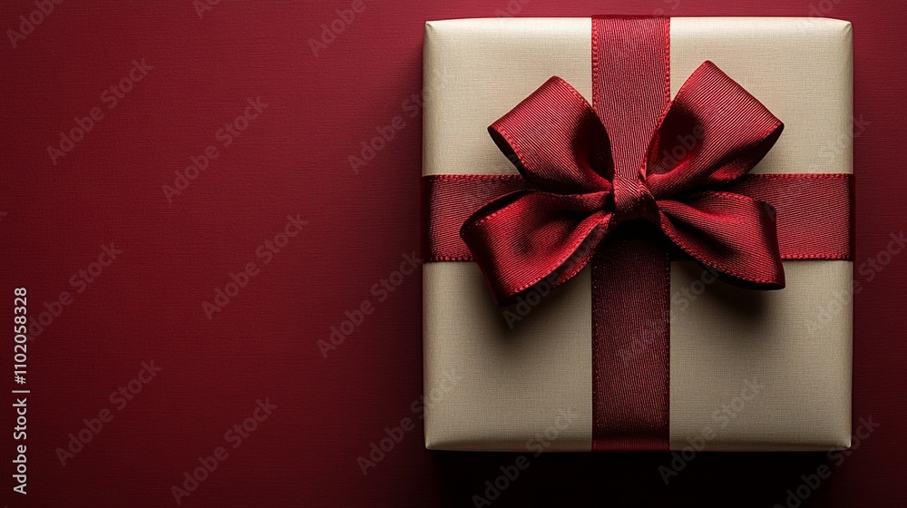 Elegant Gift Box with Red Ribbon on Rich Maroon Background Elegant Gift Box with Red Ribbon on Rich Maroon Background