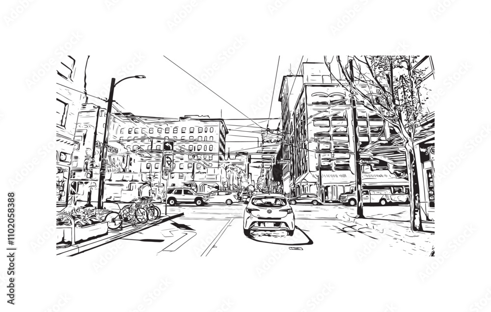 Print Building view with landmark of Vancouver is the city in Western Canada. Hand drawn sketch illustration in vector.