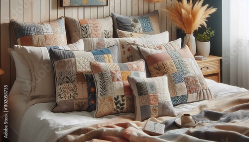 Patchwork Kissen im modernem Schlafzimmer photo