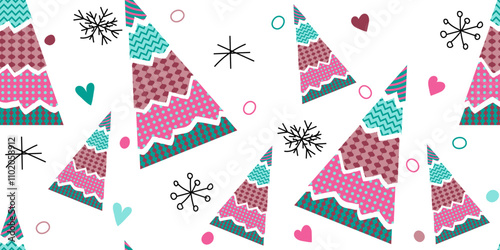 Seamless Doodle pattern multicolored Christmas trees and hearts, dots, snowflakes. Colorful vector hand drawn illustration done in blue, red, green and pink colors on white background