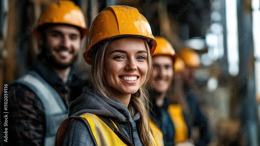 A group of smiling construction workers wearing safety helmets and vests A group of smiling construction workers wearing safety helmets and vests