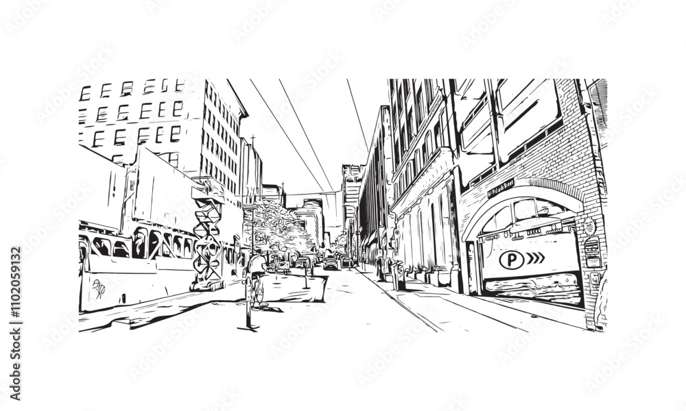 Print Building view with landmark of Vancouver is the city in Western Canada. Hand drawn sketch illustration in vector.