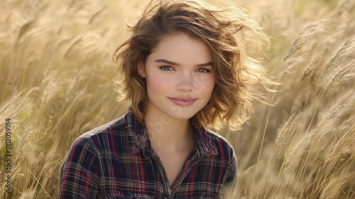 Serene Young Woman in Golden Wheat Field at Sunset