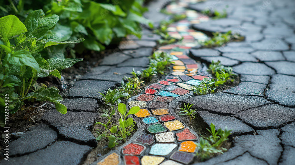 Naklejka premium neue Wege finden, bunte Steine Pflastersteine und Mosaik Wege mit kleiner Pflanze die aus Pflasterweg herauswächst Generative AI