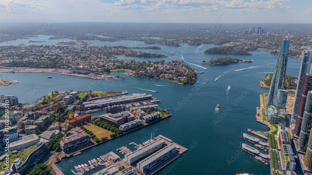 Obraz premium Aerial View of Sydney Harbour Balmain Darling harbour Sydney CBD cockle Bay Wharf North Sydney harbour bridge Lavender Bay Milsons Point Manly on a warm summer day blue skies 