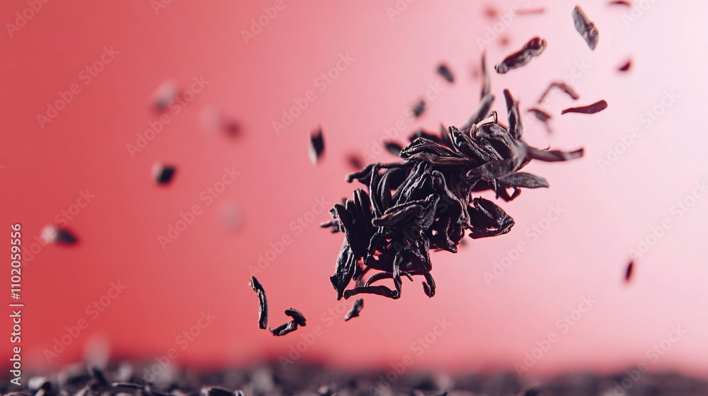 Fototapeta premium falling dried black tea on solid background color light red