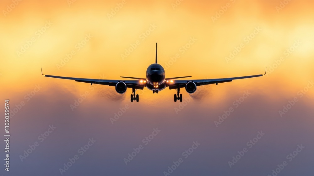 Naklejka premium Severe turbulence jet soaring through a dramatic sunset