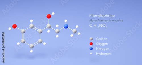 phenylephrine molecule, molecular structure, adrenergic agonist, 3d model, Structural Chemical Formula and Atoms with Color Coding photo