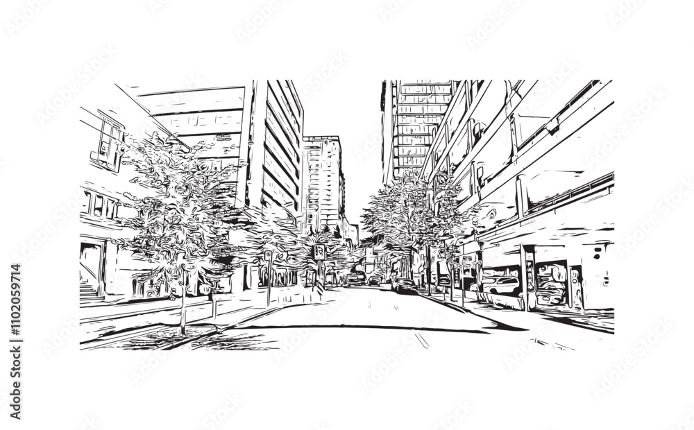 Print Building view with landmark of Vancouver is the city in Western Canada. Hand drawn sketch illustration in vector.