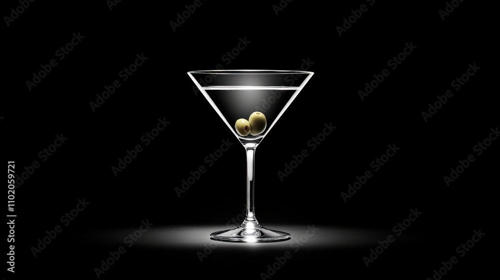 Martini glass with a crystal-clear liquid and olives, set against a dark background with highlights emphasizing luxury. Martini glass with a crystal-clear liquid and olives, set against a dark background with highlights emphasizing luxury.