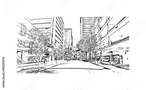 Print Building view with landmark of Vancouver is the city in Western Canada. Hand drawn sketch illustration in vector.