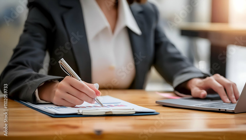 Close-up business woman working on desk in the office with blurred background, focus hand