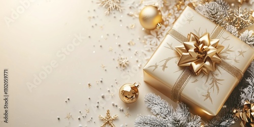 Minimalistic Christmas banner with A beautifully wrapped Christmas present with gold ribbon, golden baubles, and golden snowflakes enhancing the holiday spirit