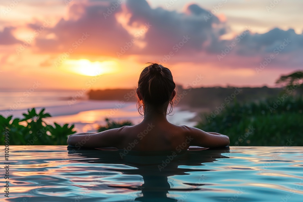 Woman Enjoying a Serene Sunset from a Tranquil Infinity Pool Woman Enjoying a Serene Sunset from a Tranquil Infinity Pool