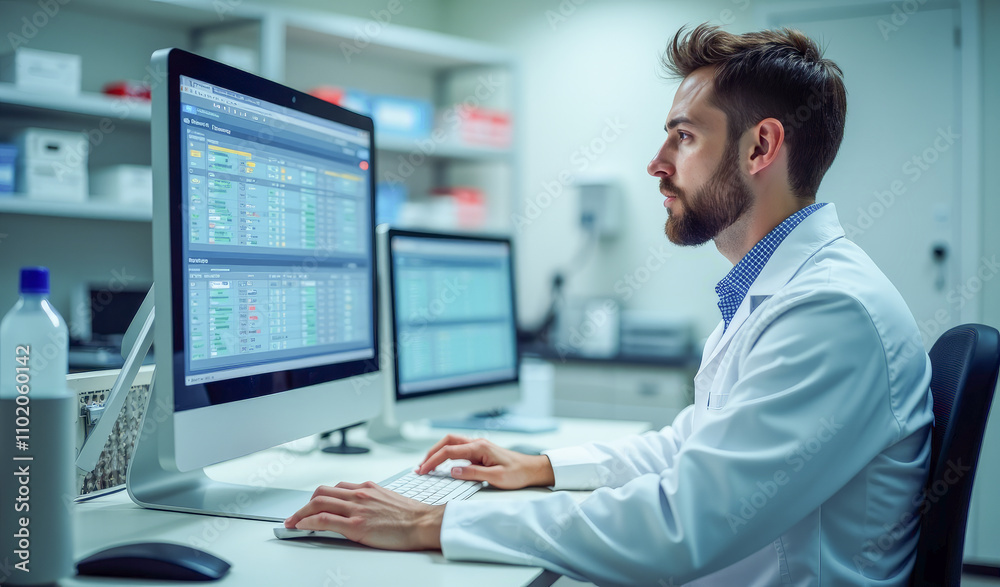 a researcher in a white coat in the laboratory behind a monitor a researcher in a white coat in the laboratory behind a monitor