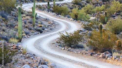 Winding Desert Road Surrounded by Cacti and Rocky Terrain at Dusk