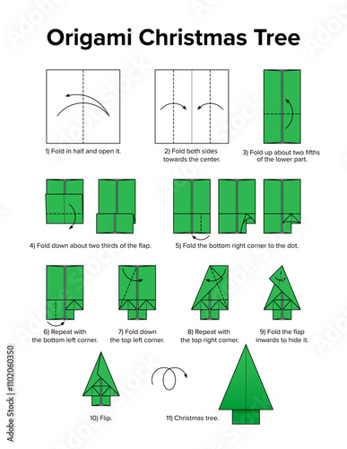 Origami Christmas tree, paper folding, printable instruction sheet with explanatory text. Easy to fold origami of the silhouette of a conifer. Traditional Japanese art of paper folding. Illustration.