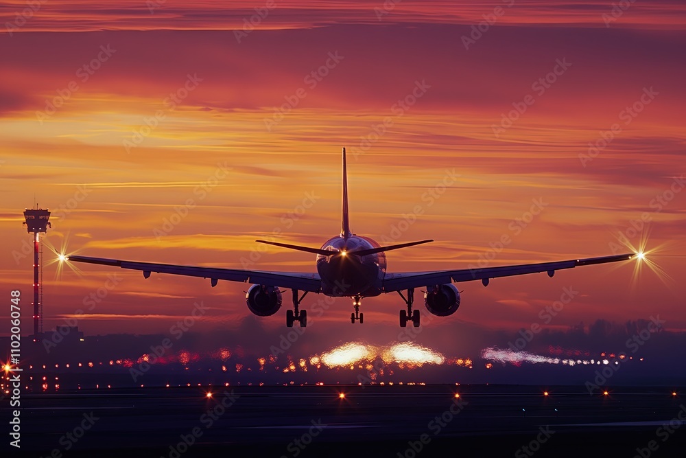 Dramatic Sunset Scenario with Landing Passenger Jet Airplane Dramatic Sunset Scenario with Landing Passenger Jet Airplane