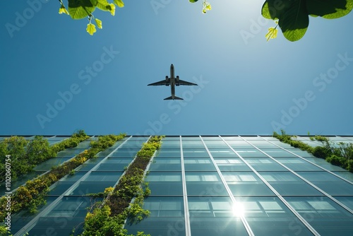 Mirrored Jet Airliner Flying Over Lush Eco-Friendly Building