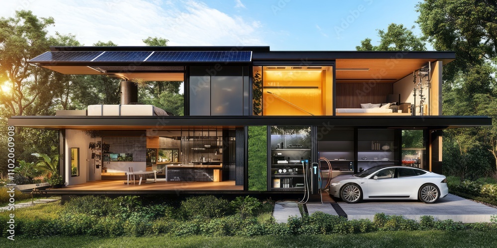 Obraz premium Cross-section view of a modern eco-friendly house, showcasing a detailed interior with visible energy systems, solar panels on the roof, a small wind turbine in the backyard. An electric car is parked