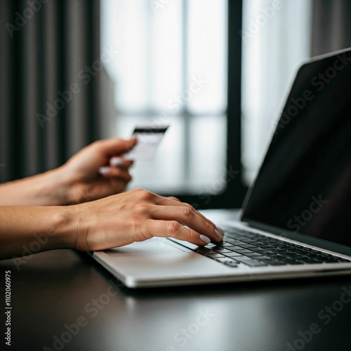 Fototapeta Naklejka Na Ścianę i Meble -  A closeup picture of a women's hand typing on a laptop with credit card in hand. Online banking activities concept 