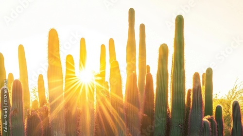 Majestic Sunburst Through Desert Cactus Scene at Sunset