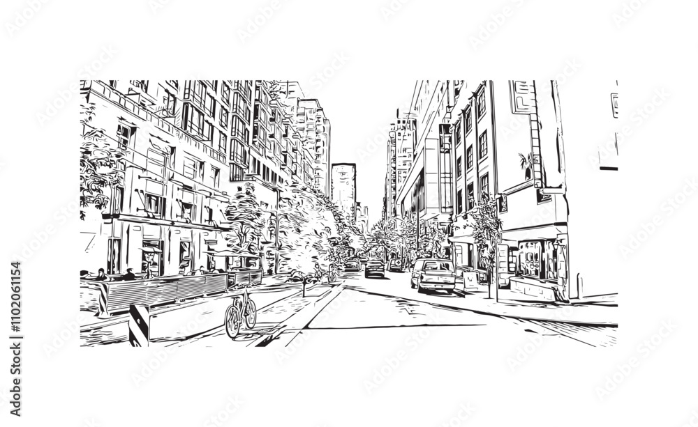 Print Building view with landmark of Vancouver is the city in Western Canada. Hand drawn sketch illustration in vector.