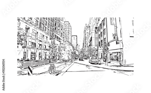 Obraz na płótnie Print Building view with landmark of Vancouver is the city in Western Canada. Hand drawn sketch illustration in vector. w salonie