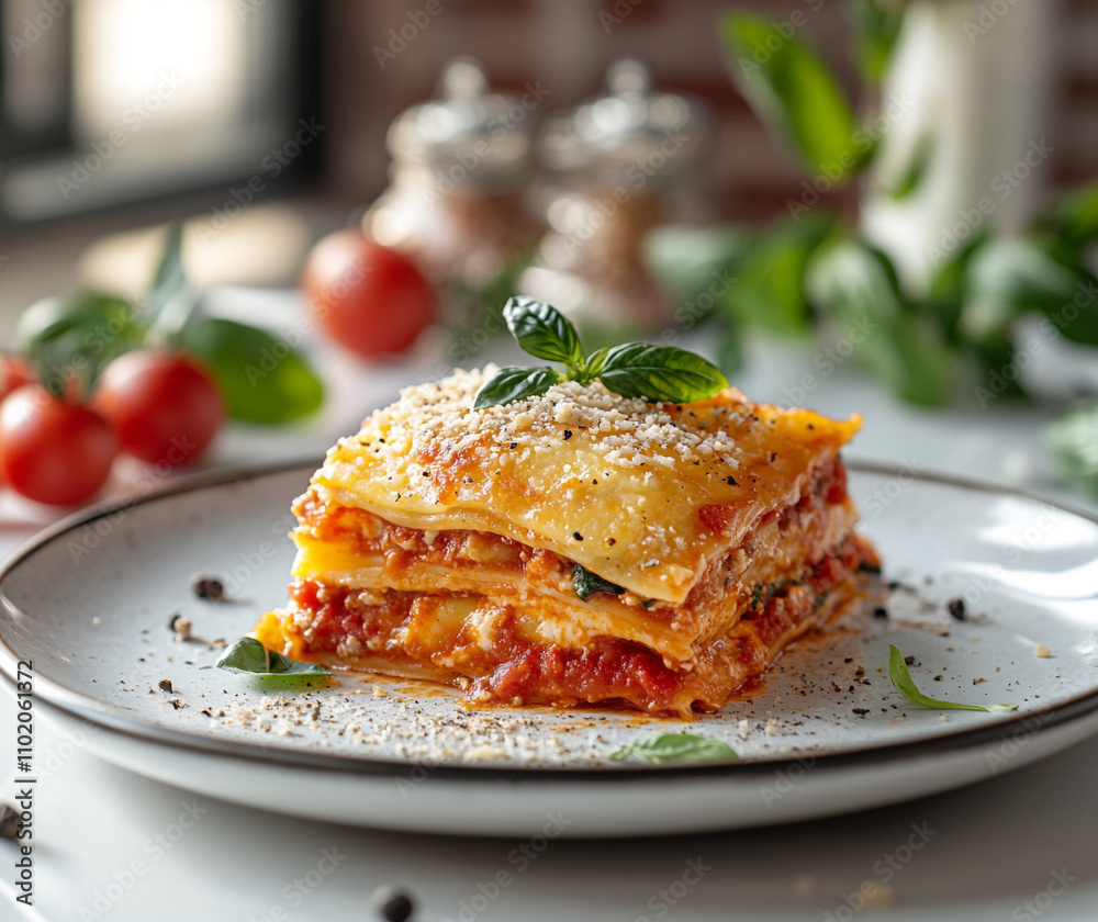lasagna on a plate and some Italian food ingredients lasagna on a plate and some Italian food ingredients