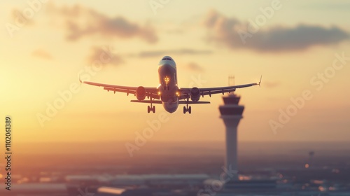 Passenger plane taking off at sunset aerial view from control tower